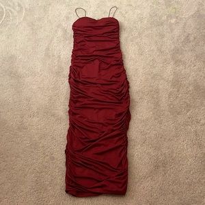Dark Red Midi Ruched Dress